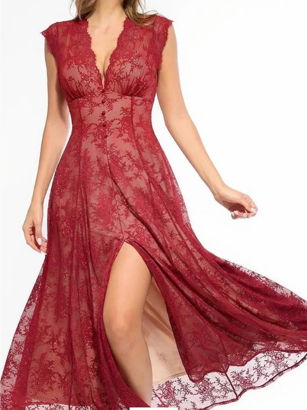 Popilush Shapewear Boho Floral Lace Front Slit Maxi Dress Red